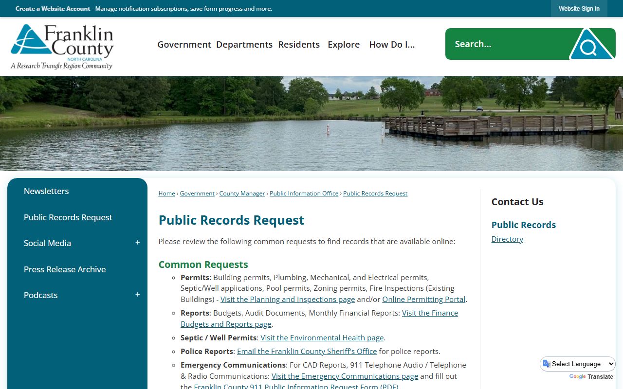 Franklin County NC public records request page for jail inmate records