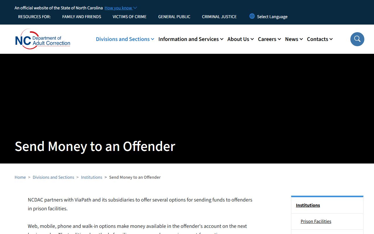 NCDAC money deposit options and fee table for offenders