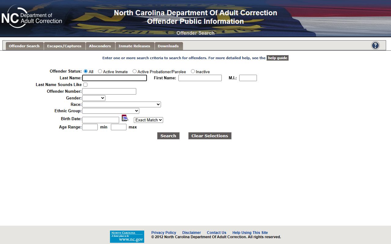 NCDAC offender locator search page with name and offender number fields