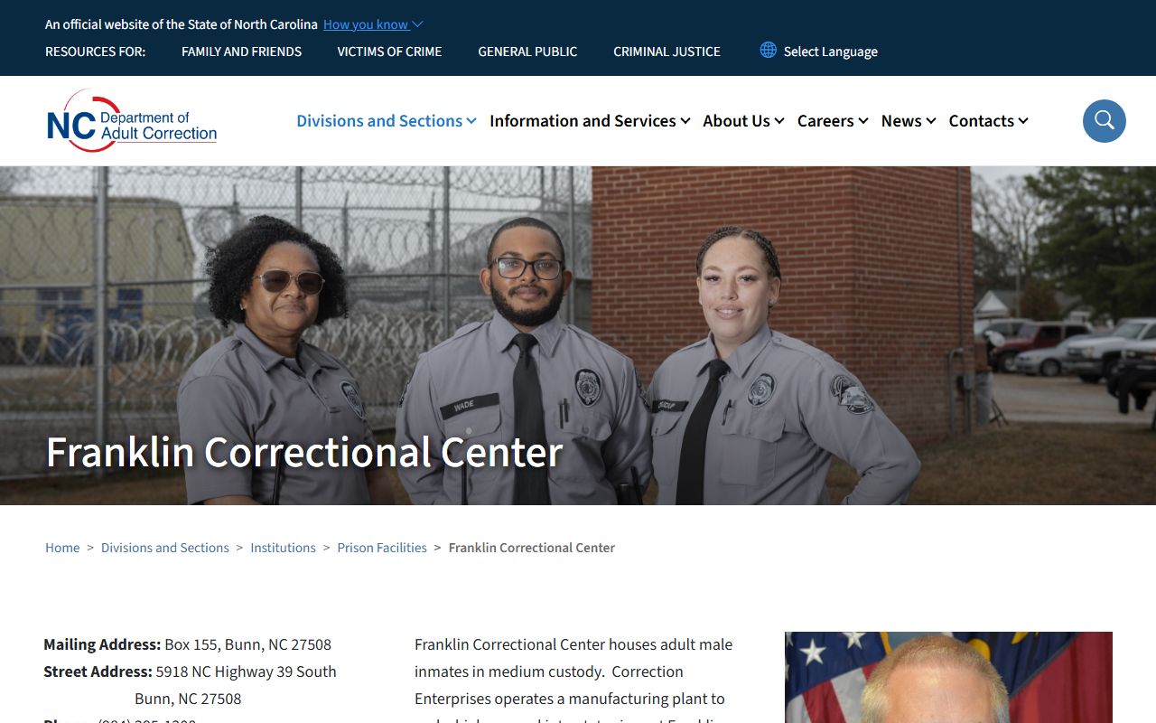 NCDAC Franklin Correctional Center facility page showing prison details